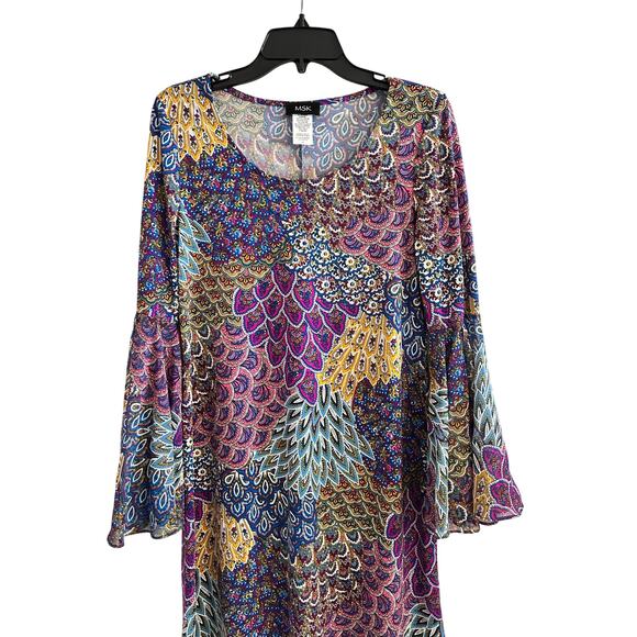 MSK Boho Bell Sleeve Dress M Multicolor Shift Dress EUC - Picture 5 of 14